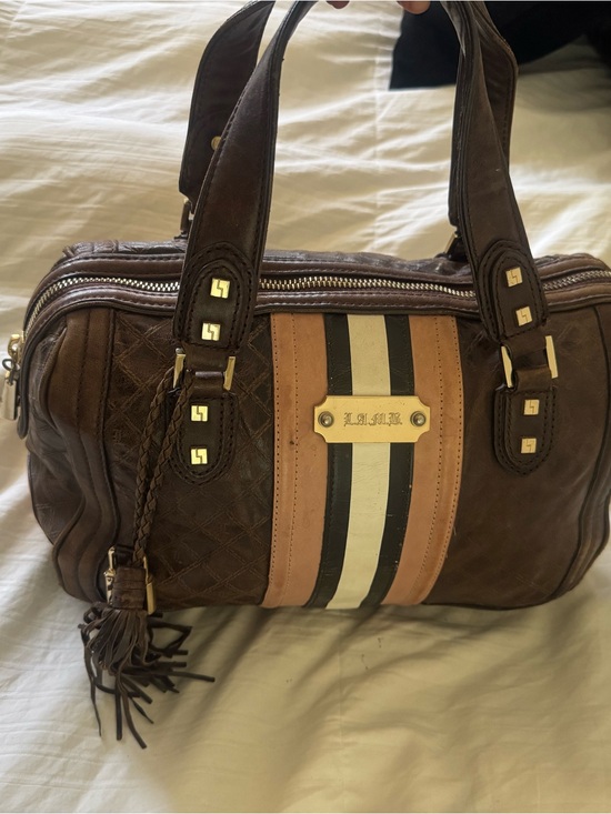 L.A.M.B. Handbags - L.A.M.B. Dark Brown Leather Stripe Satchel with Contrast Center Panels. Rare.Y2K